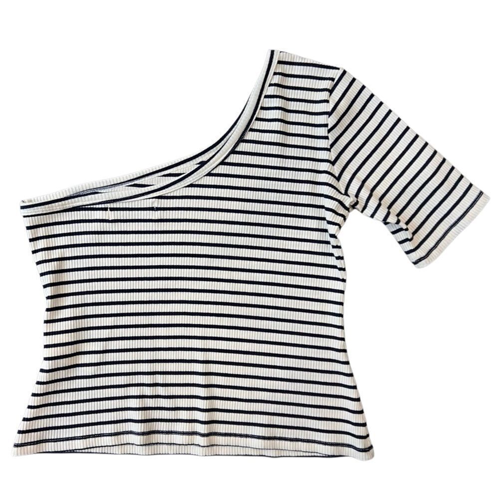 RITA ROW Ras Striped Blue Top One-Shoulder Size Large - Picture 4 of 15
